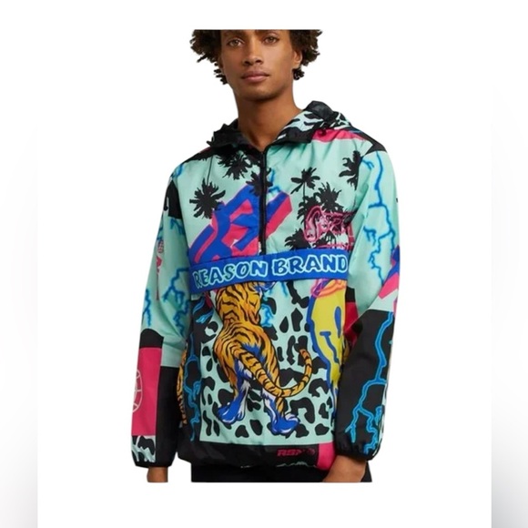 Reason .  Black and Pink Puffer Jacket with Bold Design - Picture 1 of 16